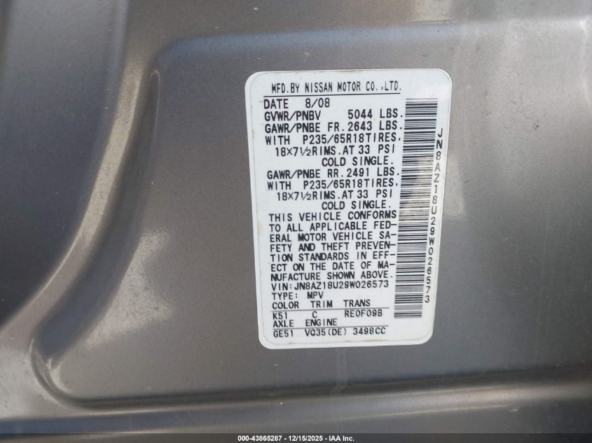 2009 Nissan Murano Sl VIN: JN8AZ18U29W026573 Lot: 43865287