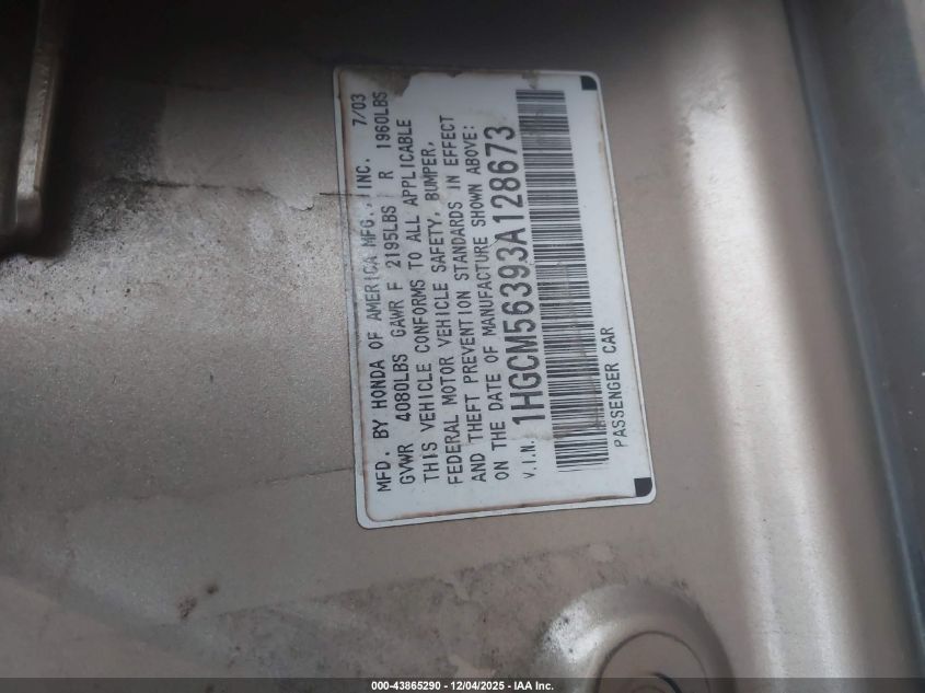 2003 Honda Accord 2.4 Lx VIN: 1HGCM56393A128673 Lot: 43865290