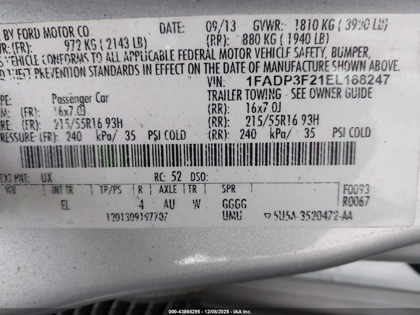 2014 Ford Focus Se VIN: 1FADP3F21EL168247 Lot: 43865295