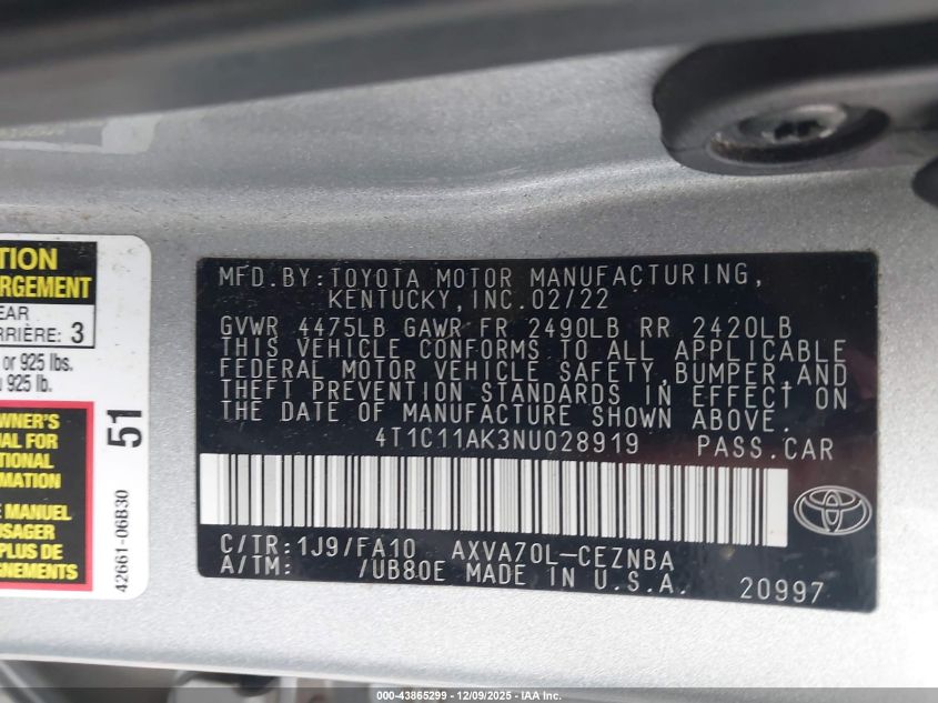 2022 Toyota Camry Le VIN: 4T1C11AK3NU028919 Lot: 43865299