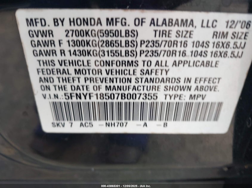 5FNYF18507B007355 2007 HONDA PILOT photo no. 9