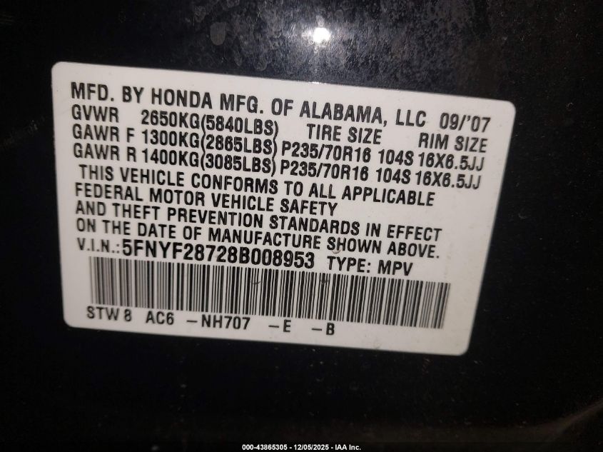 2008 Honda Pilot Ex-L VIN: 5FNYF28728B008953 Lot: 43865305