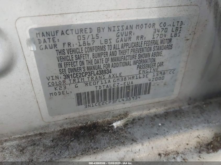 2015 Nissan Versa Note S (Sr)/S Plus/Sl/Sr/Sv VIN: 3N1CE2CP3FL438934 Lot: 43865306