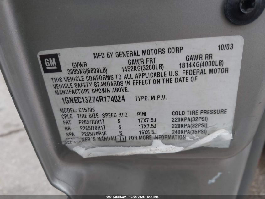 2004 Chevrolet Tahoe Ls VIN: 1GNEC13Z74R174024 Lot: 43865307