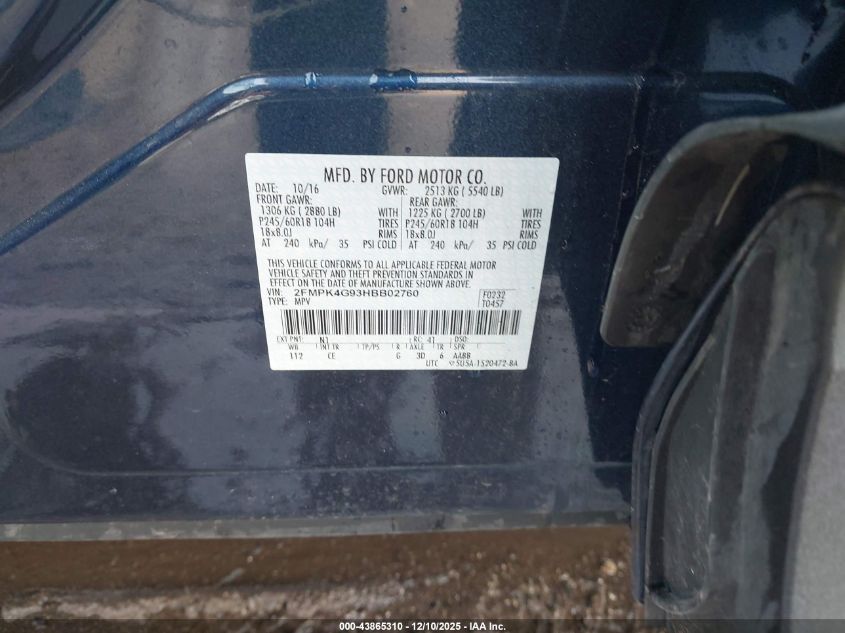 2017 Ford Edge Se VIN: 2FMPK4G93HBB02760 Lot: 43865310