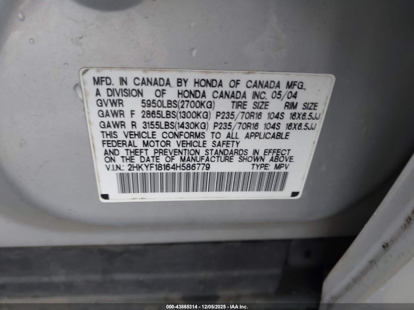 2004 Honda Pilot Lx VIN: 2HKYF18164H586779 Lot: 43865314