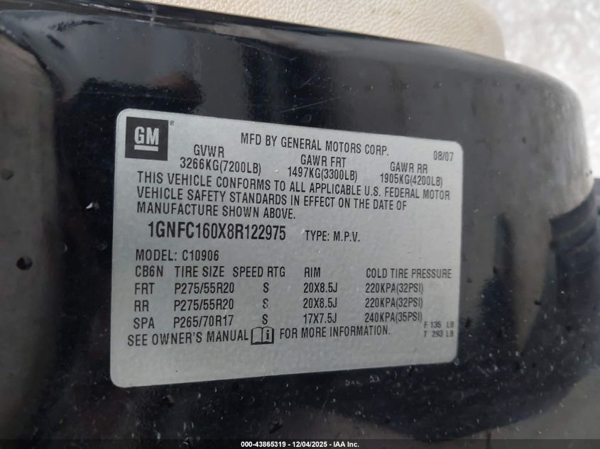 2008 Chevrolet Suburban 1500 Ltz VIN: 1GNFC160X8R122975 Lot: 43865319