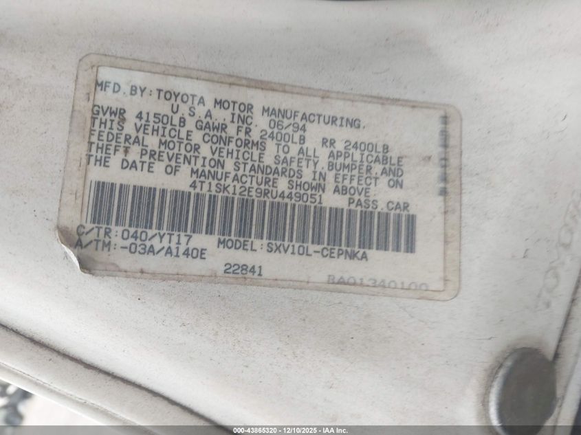 1994 Toyota Camry Le VIN: 4T1SK12E9RU449051 Lot: 43865320