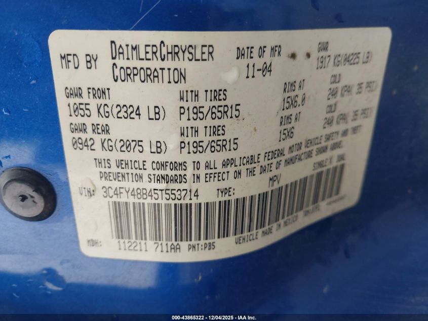 2005 Chrysler Pt Cruiser VIN: 3C4FY48B45T553714 Lot: 43865322