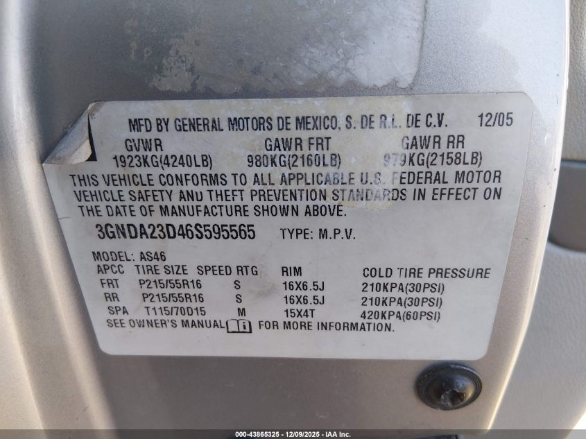 2006 Chevrolet Hhr Lt VIN: 3GNDA23D46S595565 Lot: 43865325