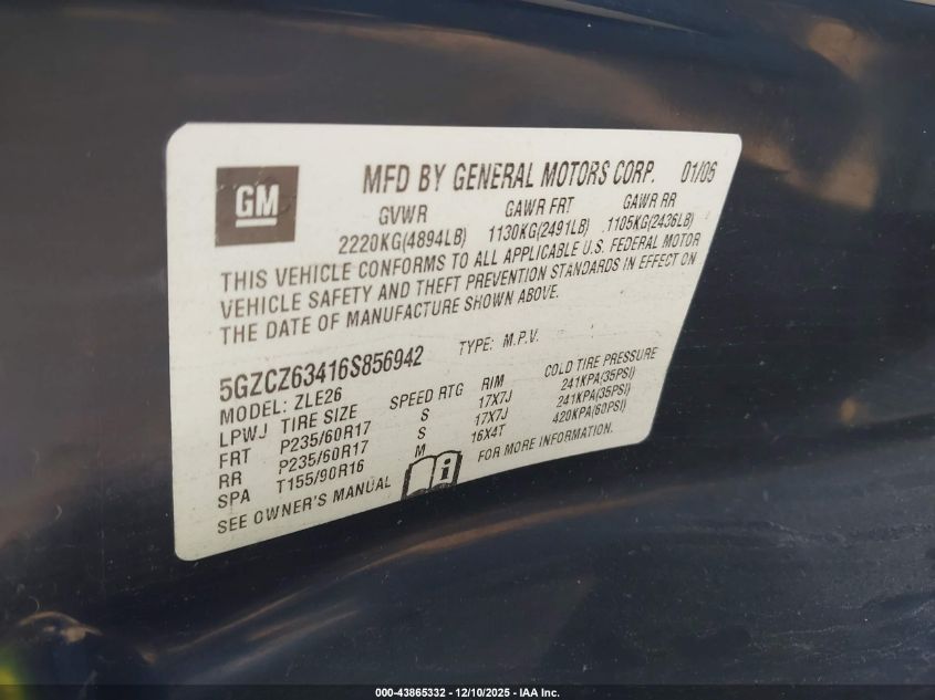 2006 Saturn Vue V6 VIN: 5GZCZ63416S856942 Lot: 43865332