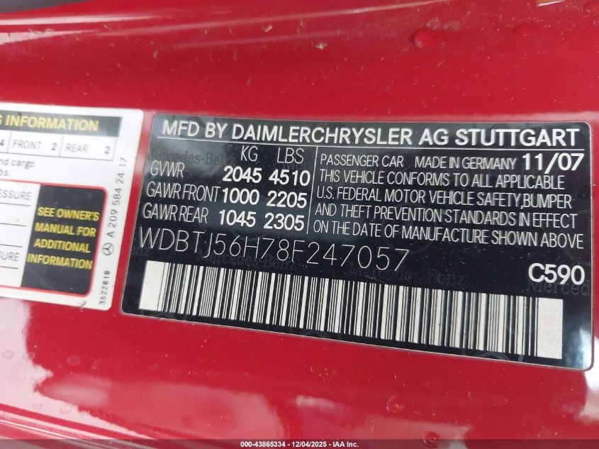 2008 Mercedes-Benz Clk 350 VIN: WDBTJ56H78F247057 Lot: 43865334