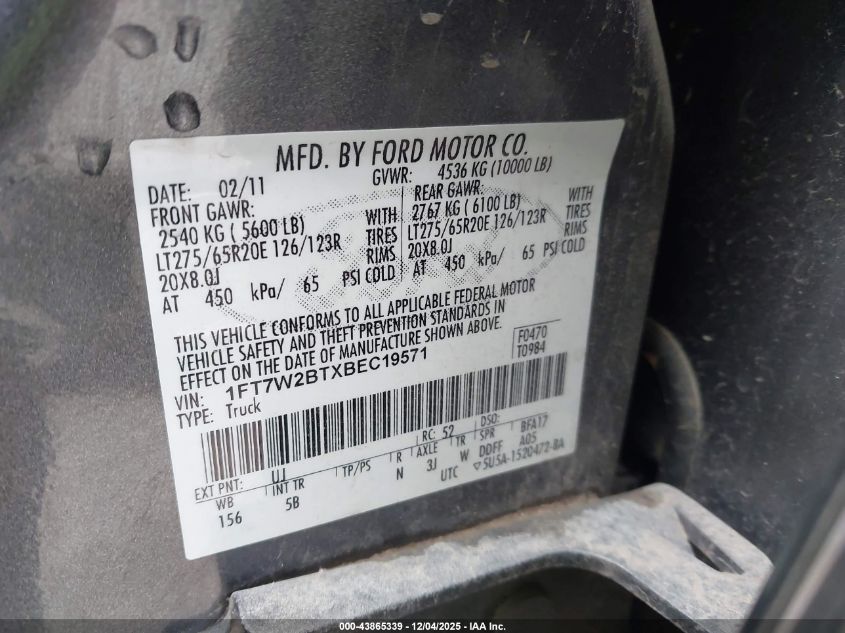 2011 Ford F-250 Lariat VIN: 1FT7W2BTXBEC19571 Lot: 43865339