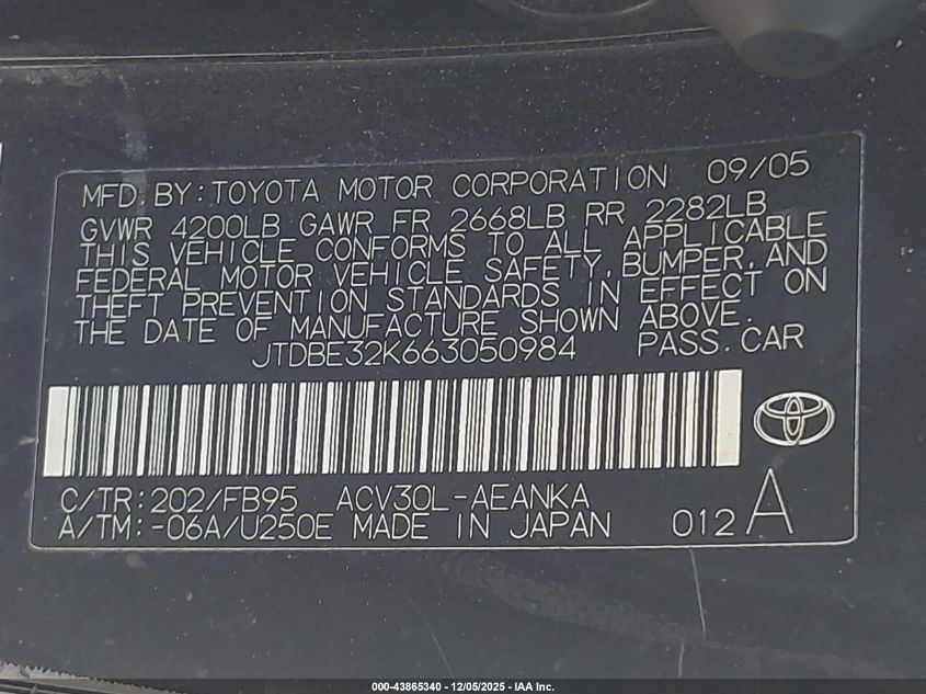 2006 Toyota Camry Std VIN: JTDBE32K663050984 Lot: 43865340