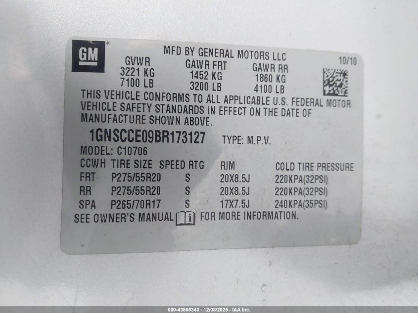 2011 Chevrolet Tahoe Ltz VIN: 1GNSCCE09BR173127 Lot: 43865343