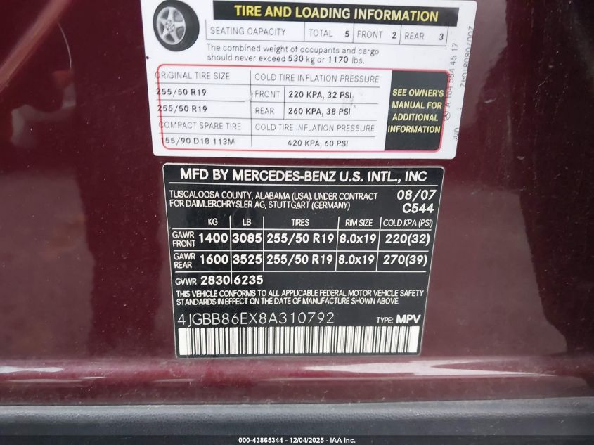 2008 Mercedes-Benz Ml 350 4Matic VIN: 4JGBB86EX8A310792 Lot: 43865344