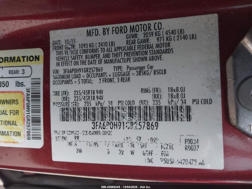 2016 Ford Fusion Se VIN: 3FA6P0H91GR257869 Lot: 43865345