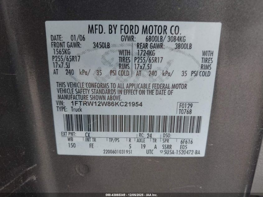 2006 Ford F-150 Xlt VIN: 1FTRW12W86KC21954 Lot: 43865349