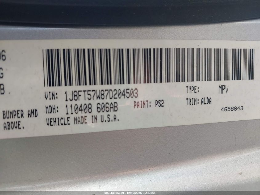 2007 Jeep Compass Limited VIN: 1J8FT57W87D204503 Lot: 43865359