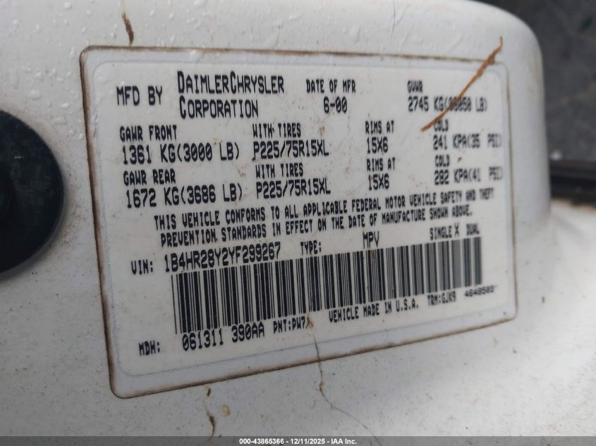 2000 Dodge Durango VIN: 1B4HR28Y2YF299267 Lot: 43865366