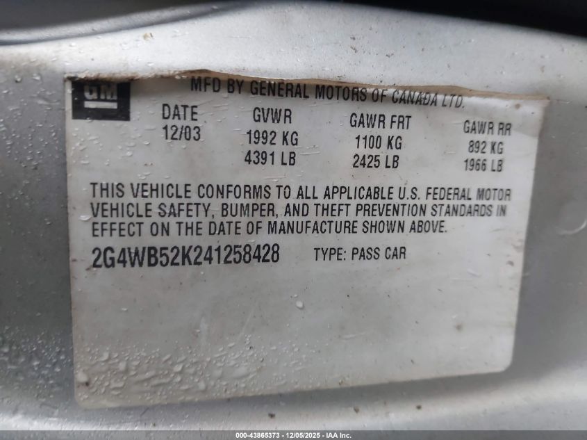 2004 Buick Regal Ls VIN: 2G4WB52K241258428 Lot: 43865373