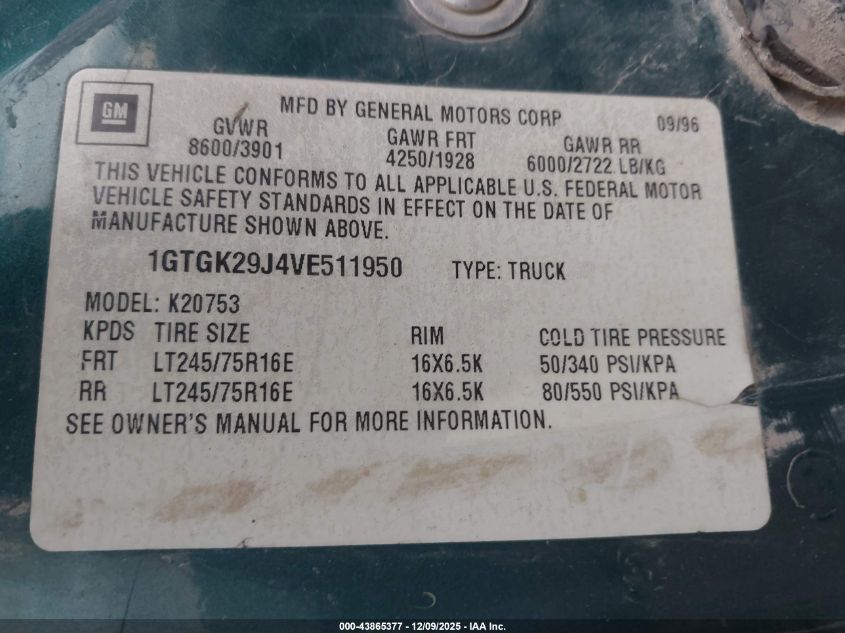 1997 GMC Sierra 2500 Hd Sl VIN: 1GTGK29J4VE511950 Lot: 43865377