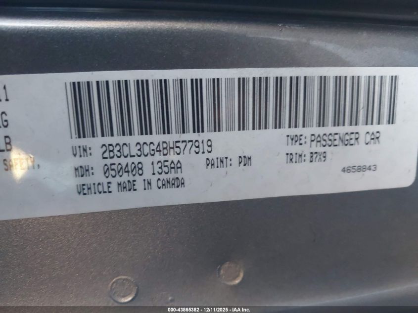 2011 Dodge Charger VIN: 2B3CL3CG4BH577919 Lot: 43865382