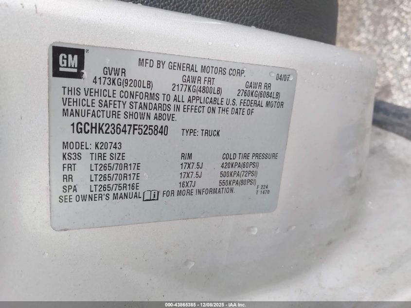 2007 Chevrolet Silverado 2500Hd Ltz VIN: 1GCHK23647F525840 Lot: 43865385