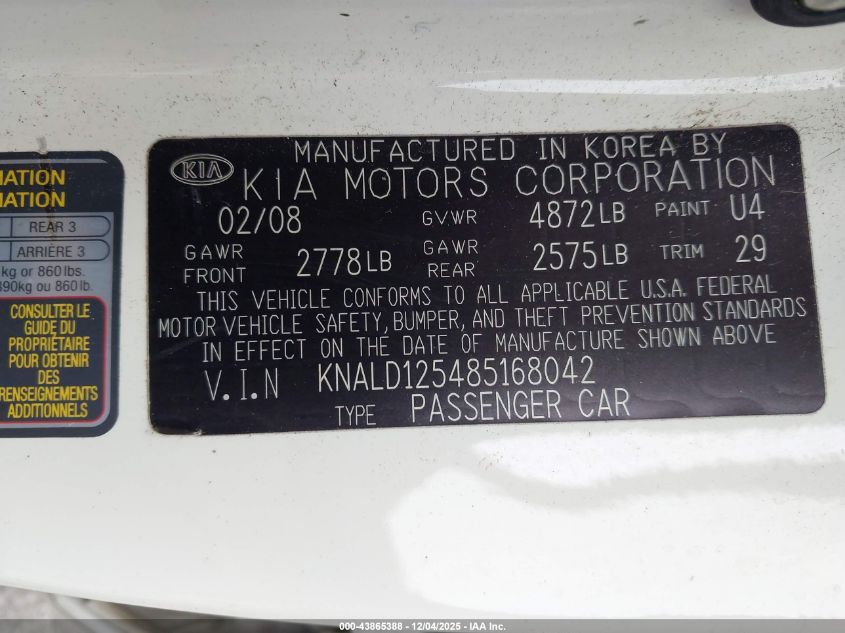 2008 Kia Amanti VIN: KNALD125485168042 Lot: 43865388
