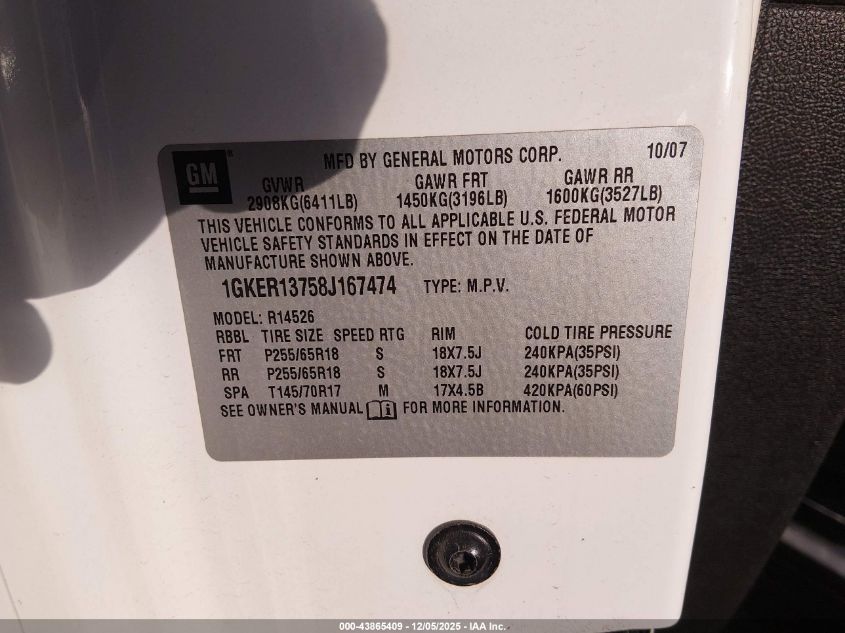 2008 GMC Acadia Sle-1 VIN: 1GKER13758J167474 Lot: 43865409