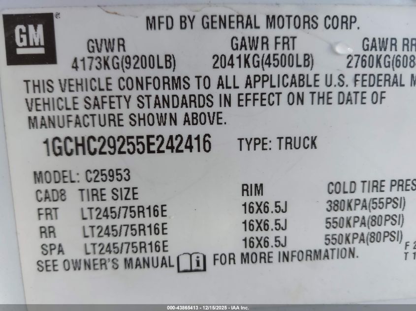 2005 Chevrolet Silverado 2500Hd Ls VIN: 1GCHC29255E242416 Lot: 43865413