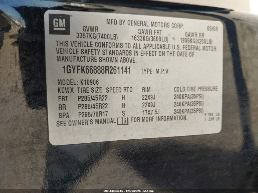 2008 Cadillac Escalade Esv Standard VIN: 1GYFK66888R261141 Lot: 43865415