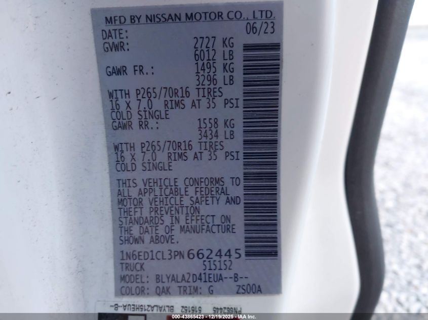 2023 Nissan Frontier King Cab S 4X2 VIN: 1N6ED1CL3PN662445 Lot: 43865423