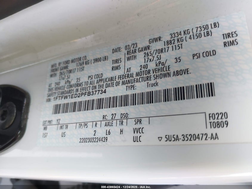 VIN 1FTFW1ED2PFB37734 2023 FORD F-150 XLT