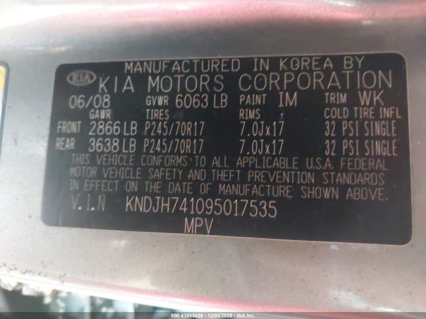 KNDJH741095017535 2009 KIA MOHAVE (BORREGO) photo no. 9