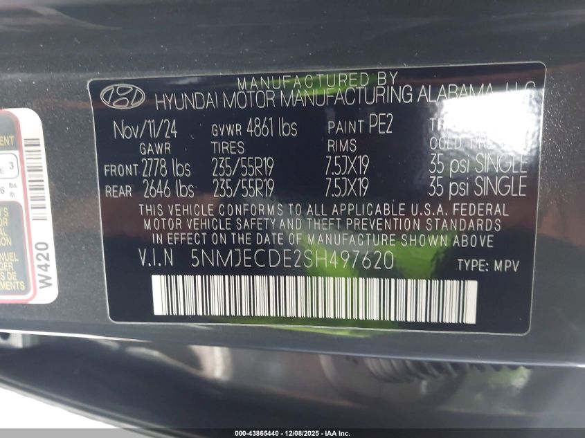 2025 Hyundai Tucson Limited VIN: 5NMJECDE2SH497620 Lot: 43865440