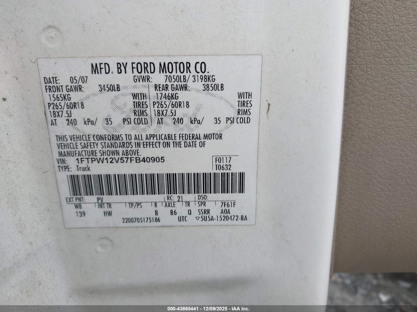1FTPW12V57FB40905 2007 FORD F-150 photo no. 9