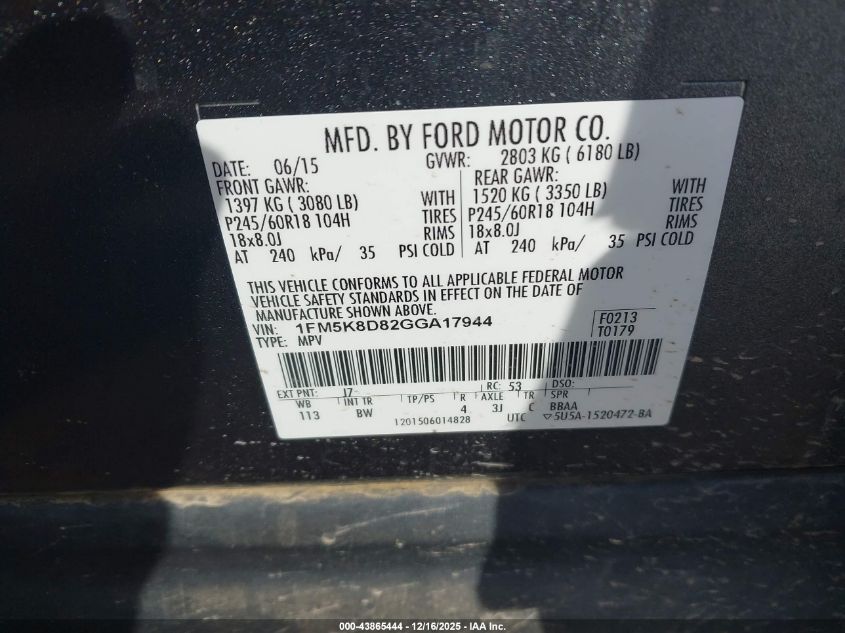 2016 Ford Explorer Xlt VIN: 1FM5K8D82GGA17944 Lot: 43865444