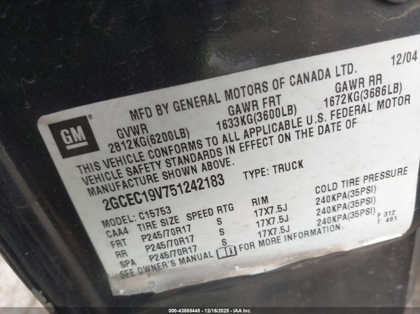 2005 Chevrolet Silverado 1500 Ls VIN: 2GCEC19V751242183 Lot: 43865448