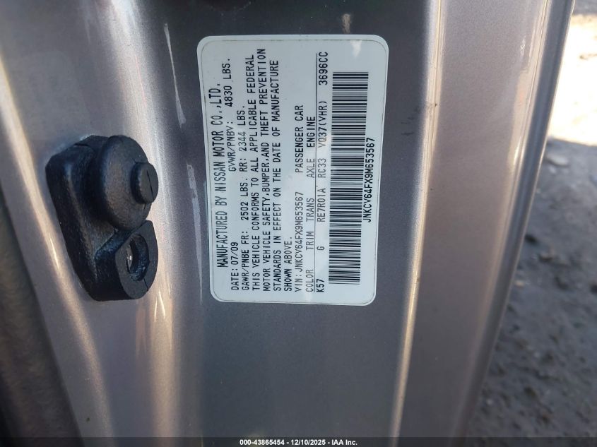 2009 Infiniti G37X VIN: JNKCV64FX9M653567 Lot: 43865454