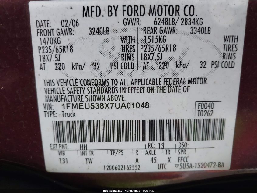 2007 Ford Explorer Sport Trac Limited VIN: 1FMEU538X7UA01048 Lot: 43865457