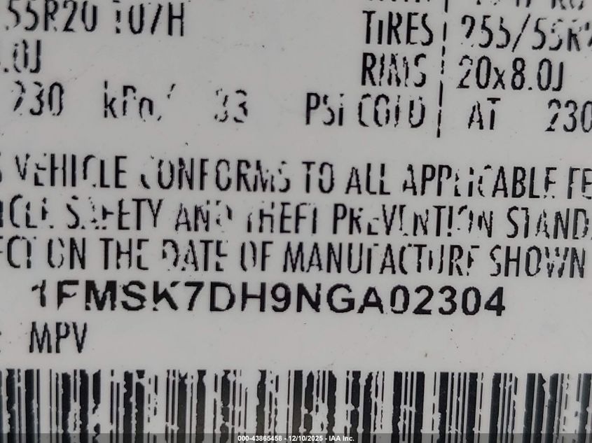 2022 Ford Explorer Xlt VIN: 1FMSK7DH9NGA02304 Lot: 43865458