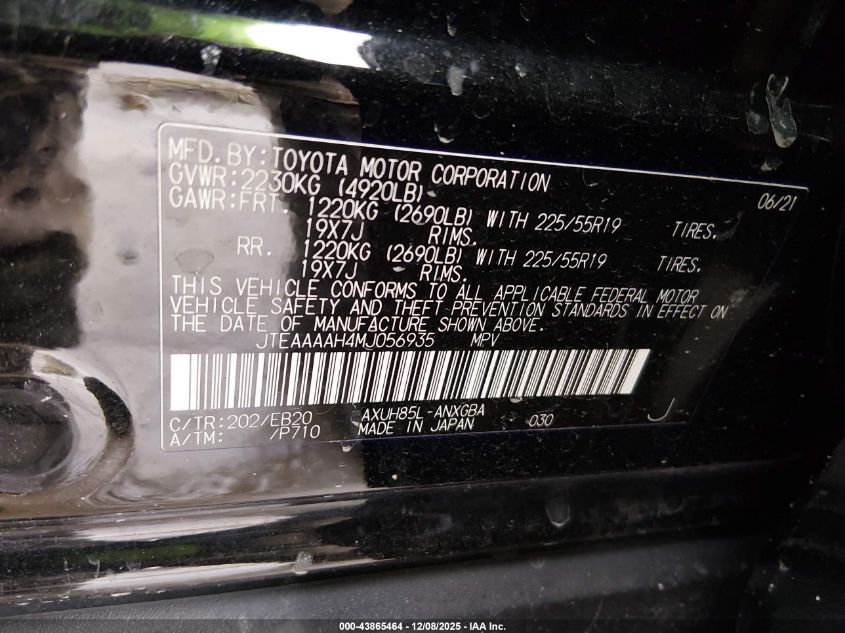 2021 Toyota Venza Xle VIN: JTEAAAAH4MJ056935 Lot: 43865464