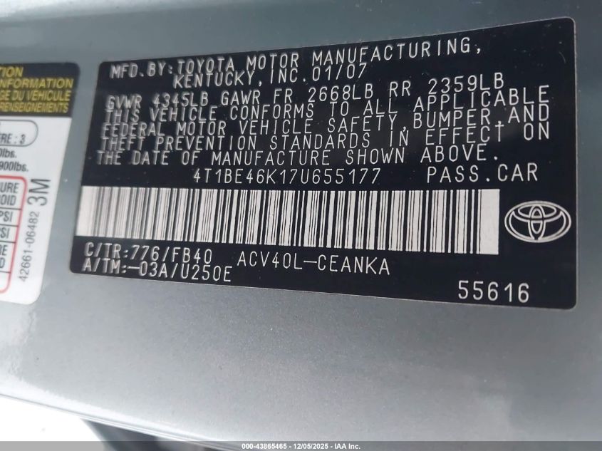 2007 Toyota Camry Le VIN: 4T1BE46K17U655177 Lot: 43865465