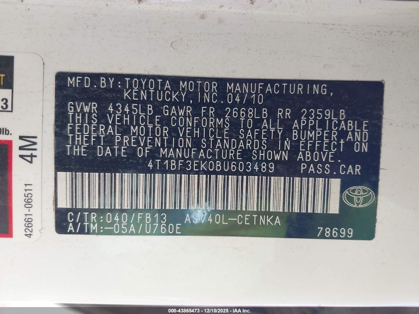 2011 Toyota Camry VIN: 4T1BF3EK0BU603489 Lot: 43865473