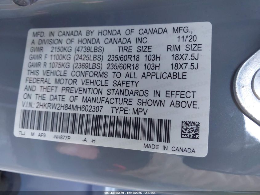 2021 Honda Cr-V Awd Ex-L VIN: 2HKRW2H84MH602307 Lot: 43865479