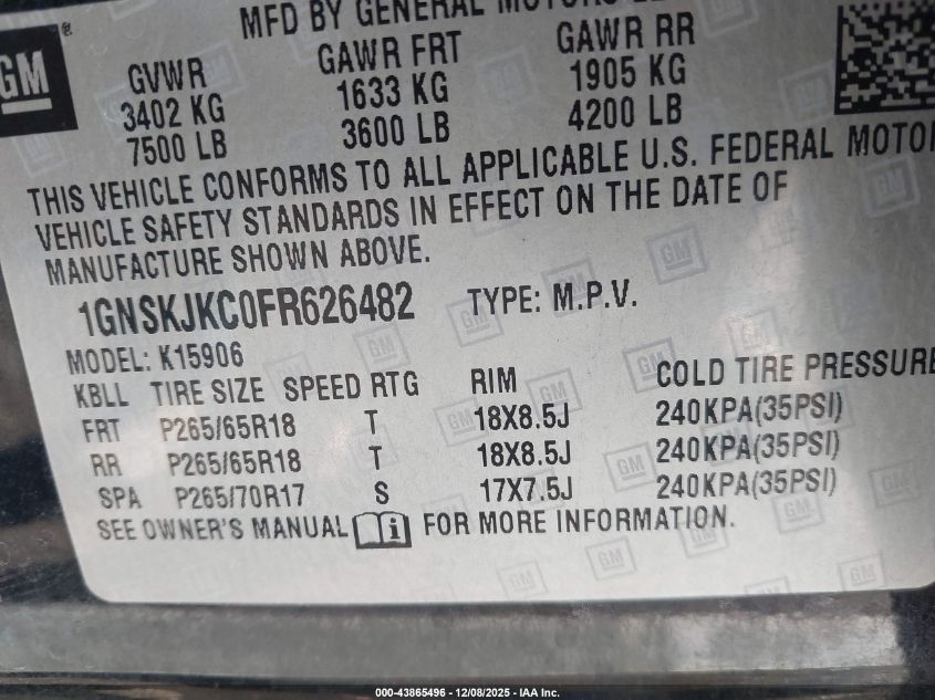 2015 Chevrolet Suburban 1500 Lt VIN: 1GNSKJKC0FR626482 Lot: 43865496