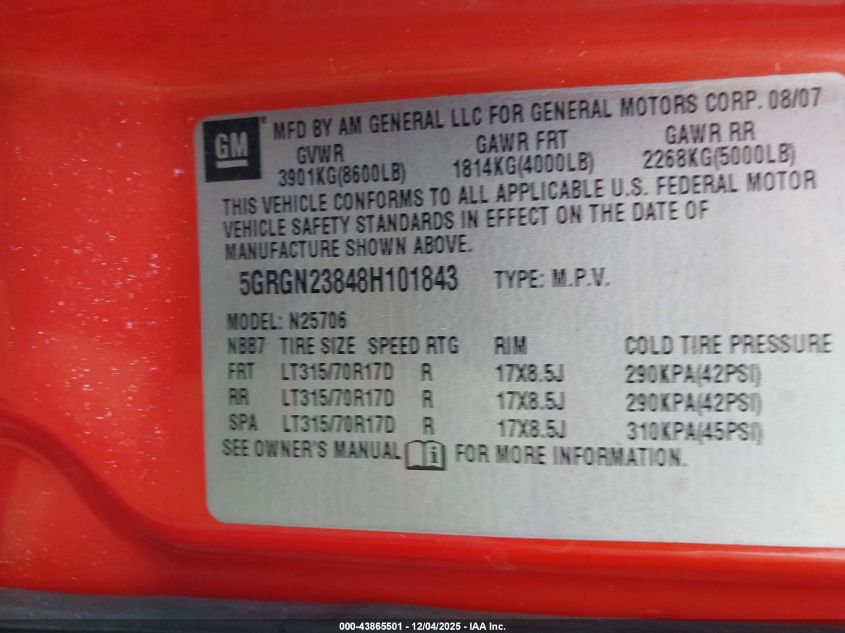 2008 Hummer H2 Suv VIN: 5GRGN23848H101843 Lot: 43865501