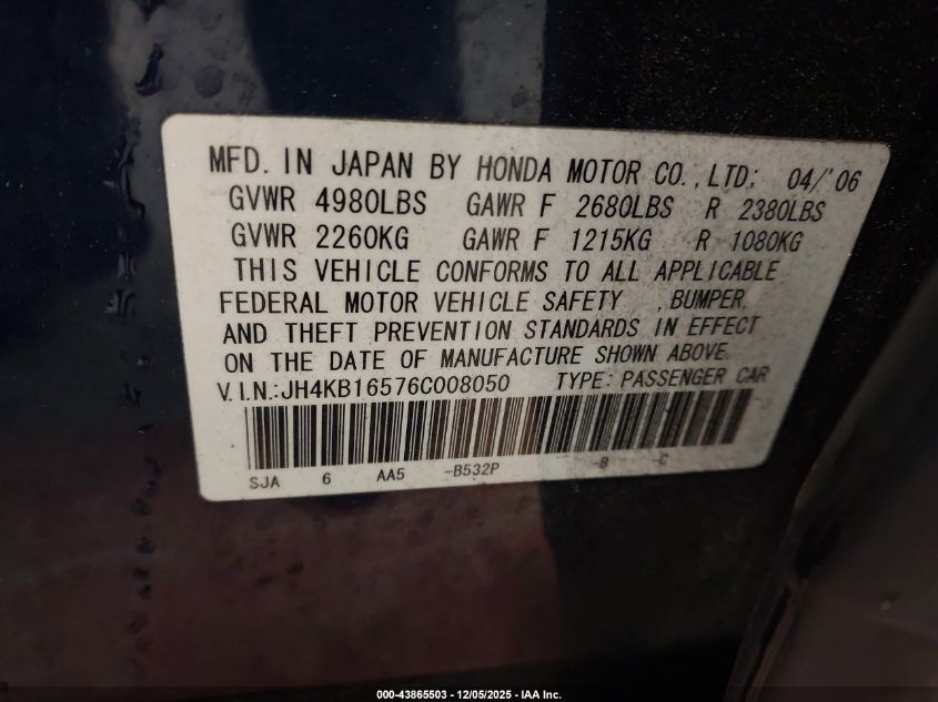2006 Acura Rl 3.5 VIN: JH4KB16576C008050 Lot: 43865503
