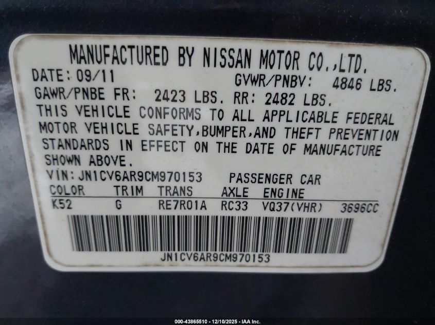 2012 Infiniti G37X VIN: JN1CV6AR9CM970153 Lot: 43865510